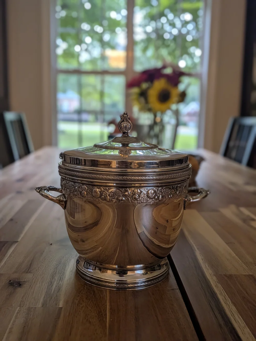 Vintage Silver Plate Insulated Ice Bucket | Ornate Fruit & Vine Relief with Lid